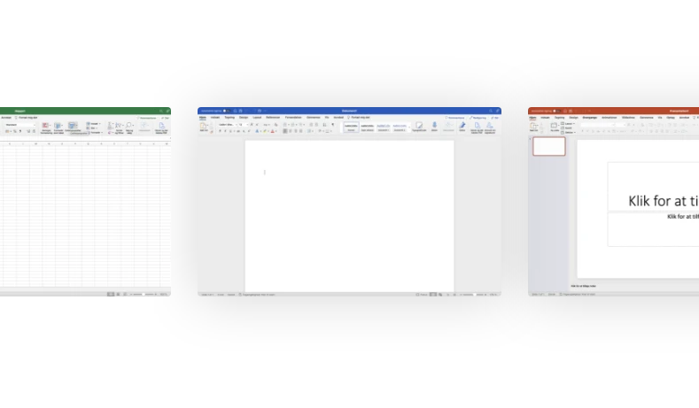 Overblik af Microsoft 365 Office-programmerne Word, Excel og PowerPoint