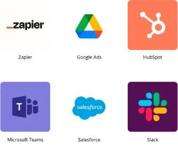 Ikoner af Zapier, Google Ads, HubSpot, Microsoft Teams, Salesforce og Slack